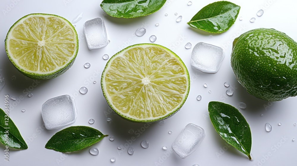Fresh lime slices, ice cubes, and leaves on a white surface