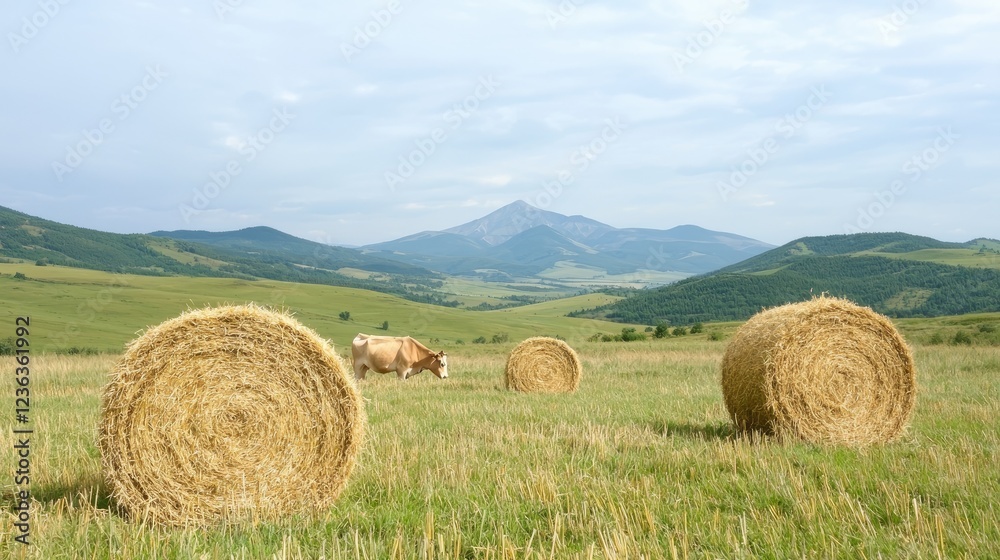 Cow grazing in hay field, mountain backdrop; rural summer scene Cow grazing in hay field, mountain backdrop; rural summer scene