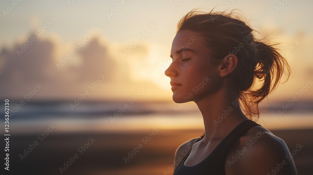Fototapeta premium Young Athlete Practicing Mindfulness at Sunset by the Beach for Inspiration and Focus