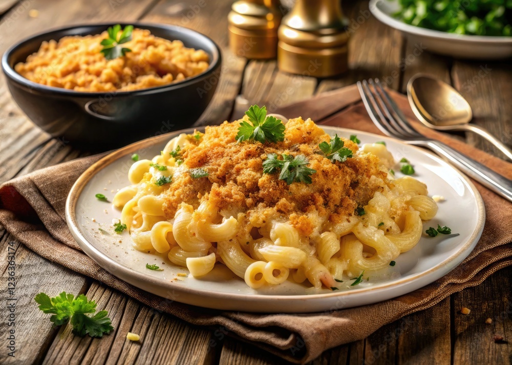 Golden baked mac & cheese, rustic charm. Aerial view of cheesy pasta perfection. Golden baked mac & cheese, rustic charm. Aerial view of cheesy pasta perfection.