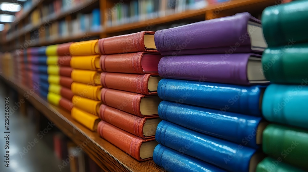 A row of colorful books on a shelf in a library A row of colorful books on a shelf in a library