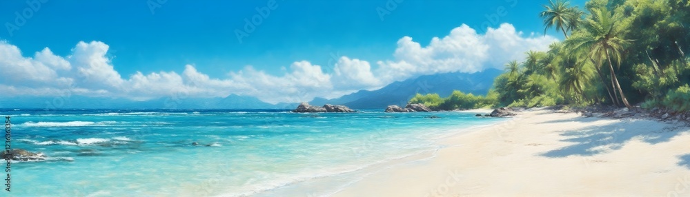 Serene tropical beach, turquoise waters, palm trees sway gently under a vibrant sky.
