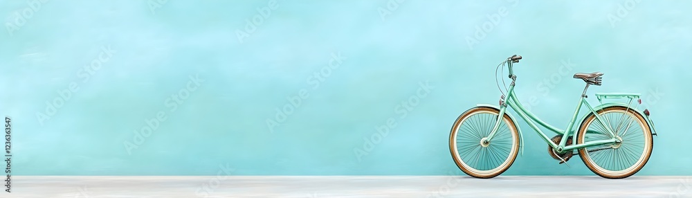 Fototapeta premium A mint green vintage bicycle leans against a tranquil aqua wall, evoking serenity and summer.