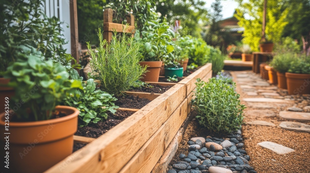 Fototapeta premium Raised garden bed herbs backyard patio landscaping