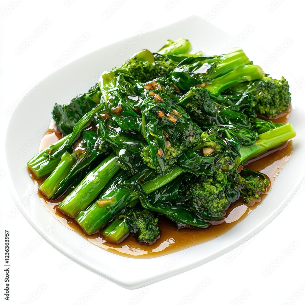 Freshly Cooked Broccoli and Greens in Savory Sauce on Elegant White Plate Freshly Cooked Broccoli and Greens in Savory Sauce on Elegant White Plate
