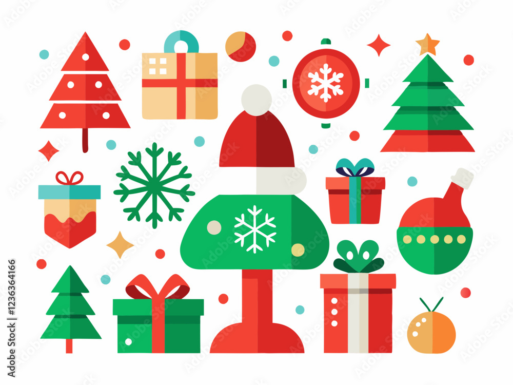 Colorful Christmas Icons with Holiday Elements in Flat Design and Cheerful Holiday Mood Colorful Christmas Icons with Holiday Elements in Flat Design and Cheerful Holiday Mood