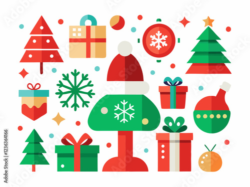 Colorful Christmas Icons with Holiday Elements in Flat Design and Cheerful Holiday Mood