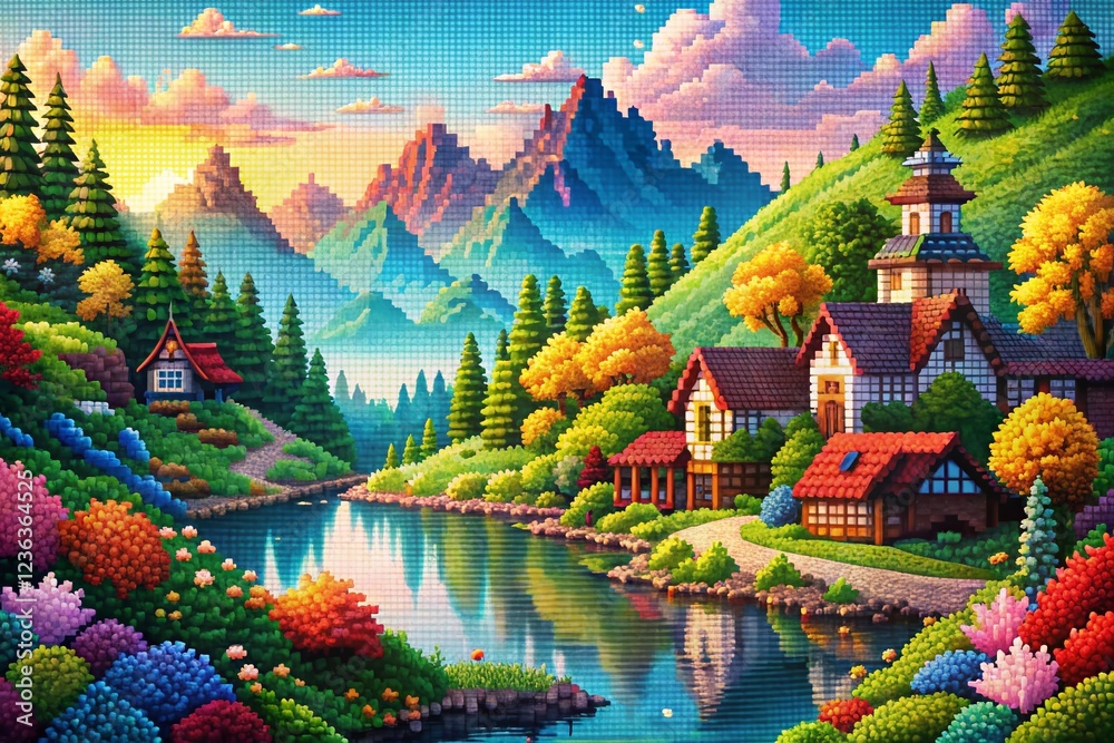 Obraz premium Enchanting Pixel Art Landscape with Vivid Hues and Meticulous Details