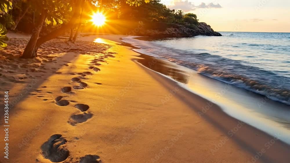 Tranquil sunset on a naturist beach with footprints in the sand, surrounded by lush greenery and gentle waves
