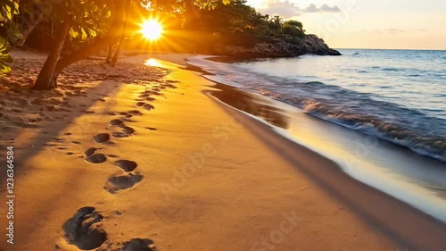 Tranquil sunset on a naturist beach with footprints in the sand, surrounded by lush greenery and gentle waves