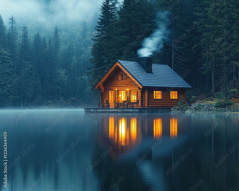 Fototapeta premium Cozy Cabin Reflected in Serene Lake at Misty Dawn