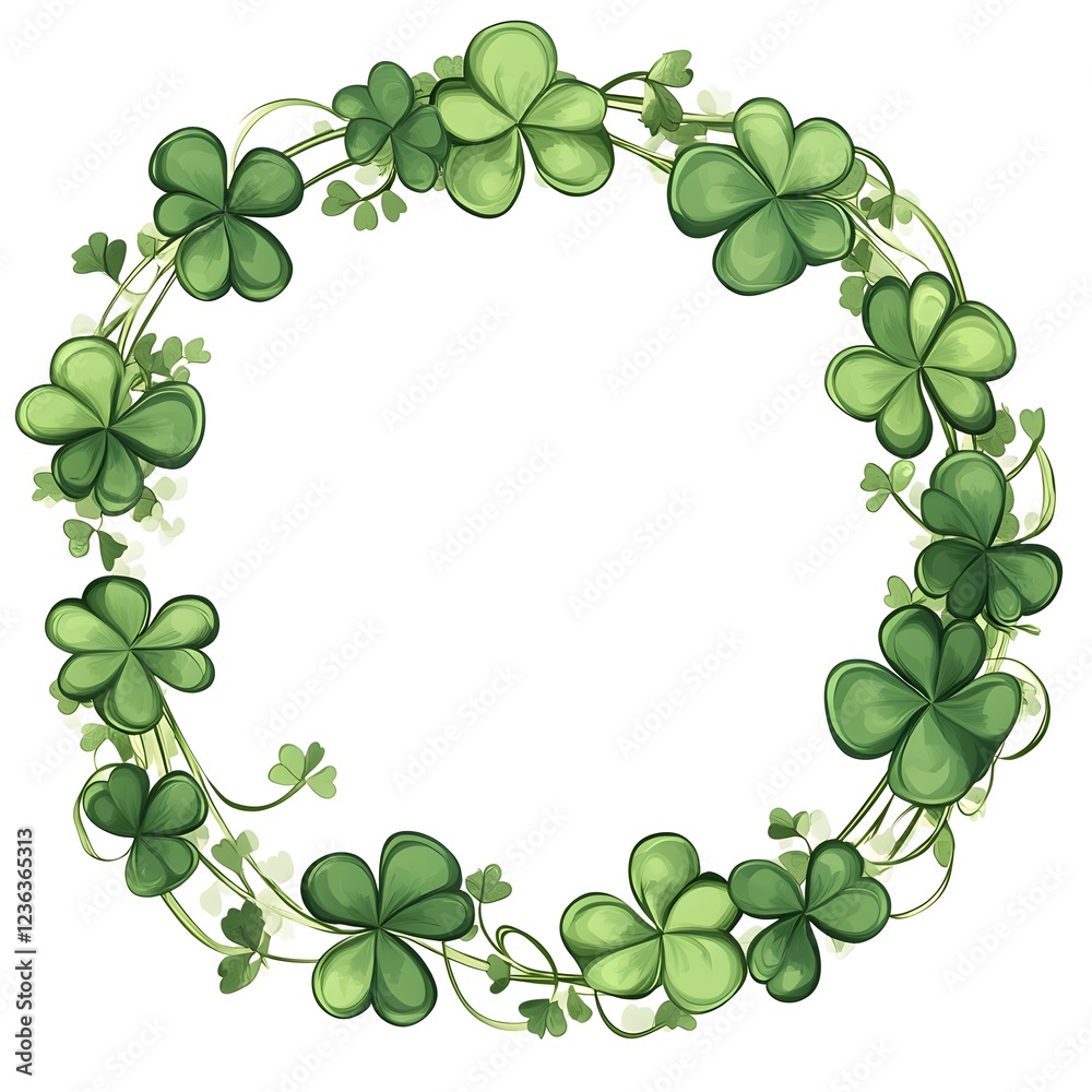 Decorative green clover wreath with fresh leaves creates a vibrant and festive atmosphere for celebrations Decorative green clover wreath with fresh leaves creates a vibrant and festive atmosphere for celebrations