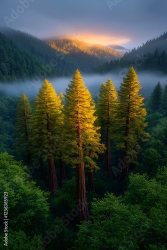 Majestic redwood trees tower over a misty valley at sunrise, their golden tops illuminated by the soft morning light, creating a serene and enchanting natural landscape. photo