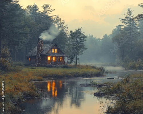 Cozy Cabin Nestled in Serene Forest Clearing with Smoke Ringed Reflections photo