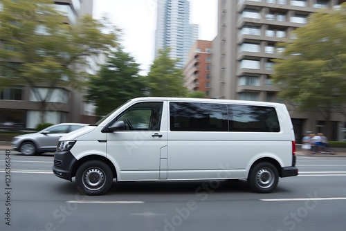 White van in motion on city street with modern buildings in background