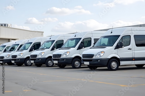 Fleet of white delivery vans parked in industrial lot under clear sky
