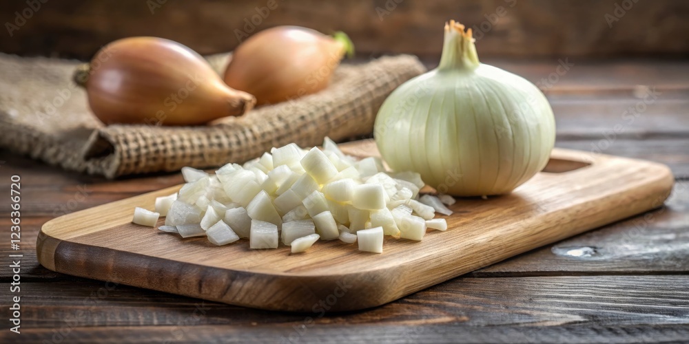 A close-up view of freshly diced onions on a rustic wooden cutting board, with whole onions in the background A close-up view of freshly diced onions on a rustic wooden cutting board, with whole onions in the background