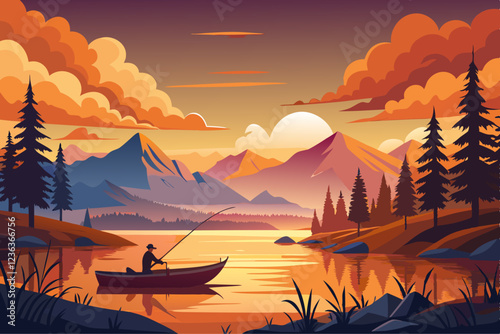 Serene Mountain Lake Landscape with Rowboat Silhouette and Vibrant Sunset Sky