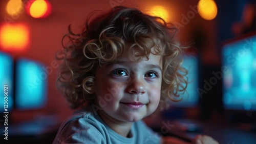 A joyful child smiles in front of a computer, showcasing curiosity and engagement in a vibrant, tech-inspired environment. Perfect for educational or entertainment themes.