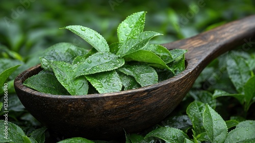 Fresh tea leaves in wooden spoon, tea plantation background