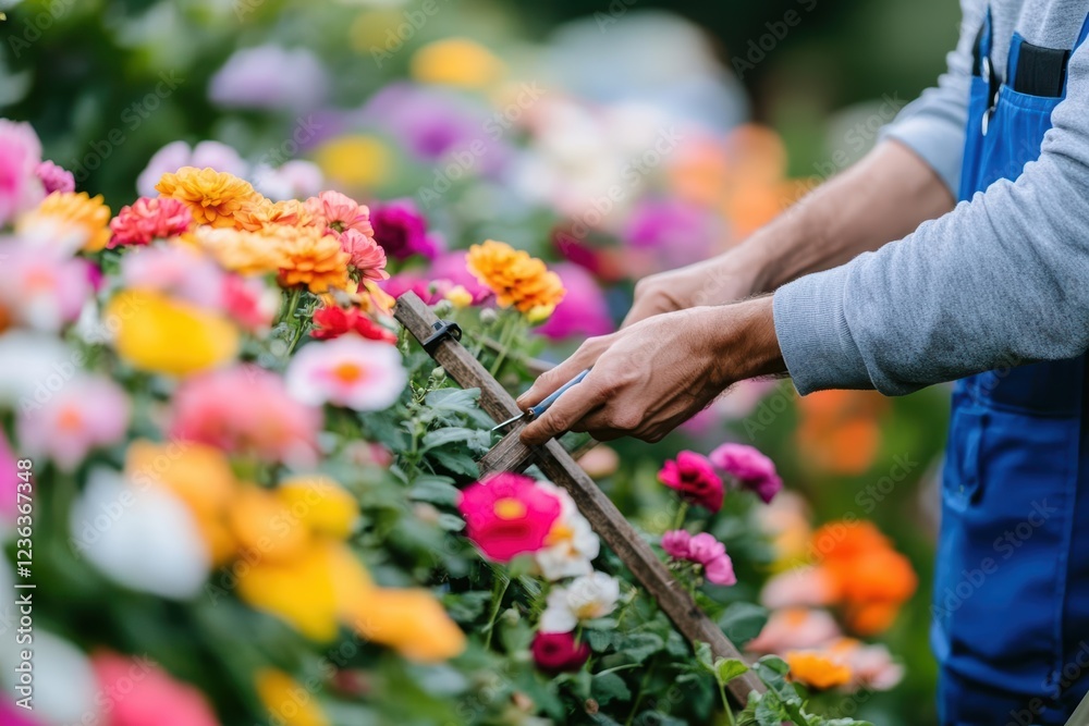 A Person Skillfully Pruning Vibrant Garden Flowers with Precision Shears in a Lush Green Environment under Bright Sunlight Creating a Peaceful Scene A Person Skillfully Pruning Vibrant Garden Flowers with Precision Shears in a Lush Green Environment under Bright Sunlight Creating a Peaceful Scene