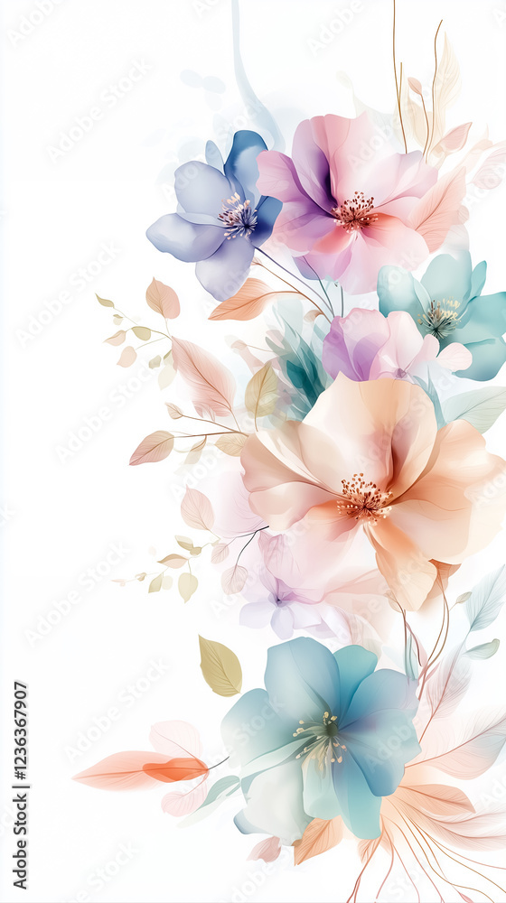 Obraz premium A vibrant collection of pastel flowers with flowing design elements and soft textures creates an airy visual appeal ideal for various applications