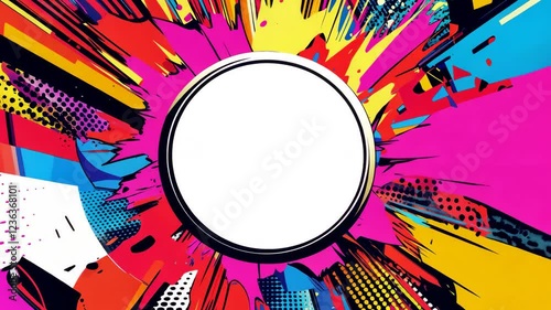 Pop art blank circle poster frame. Colorful background in pop art retro comic style. Pop art animation video.