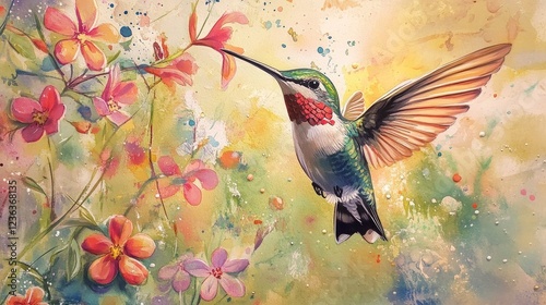 Hummingbird feeding on flowers in a vibrant garden, a nature scene perfect for spring and summer cards