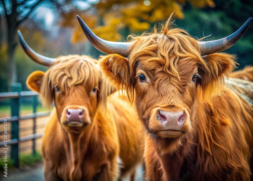 Fluffy Scottish Highland Cows Relaxing at the Zoo