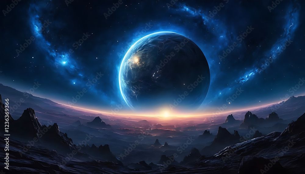 A stunning fantasy view of Earth from space, with vibrant colors and glowing atmosphere, showcasing a surreal and otherworldly landscape. Perfect for sci-fi and space-themed designs.