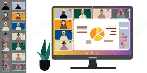 Video call conference, working from home. Colleagues of different nationalities and ages talk to each other on computer screen. Isolated illustration on white background in flat style trendy colors