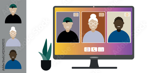 Video call conference, working from home. Colleagues of different nationalities and ages talk to each other on computer screen. Isolated illustration on white background in flat style trendy colors