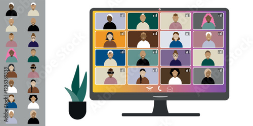 Video call conference, working from home. Colleagues of different nationalities and ages talk to each other on computer screen. Isolated illustration on white background in flat style trendy colors