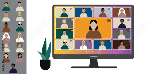 Video call conference, working from home. Colleagues of different nationalities and ages talk to each other on computer screen. Isolated illustration on white background in flat style trendy colors