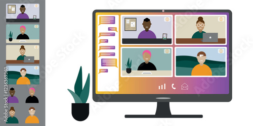 Video call conference, working from home. Colleagues of different nationalities and ages talk to each other on computer screen. Isolated illustration on white background in flat style trendy colors