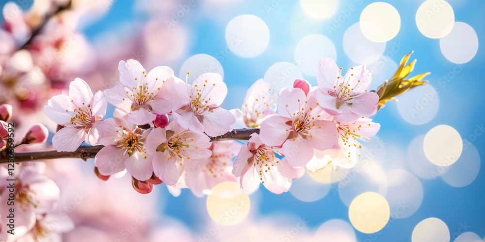 Blooming Cherry Tree Branch with Pink Blossoms In Spring Sunlight With Blue Sky, Copy Space Blooming Cherry Tree Branch with Pink Blossoms In Spring Sunlight With Blue Sky, Copy Space