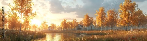 A serene autumn landscape showcasing golden trees, a calm pond, and quaint houses basking in the warm glow of sunset, creating a peaceful rural atmosphere.