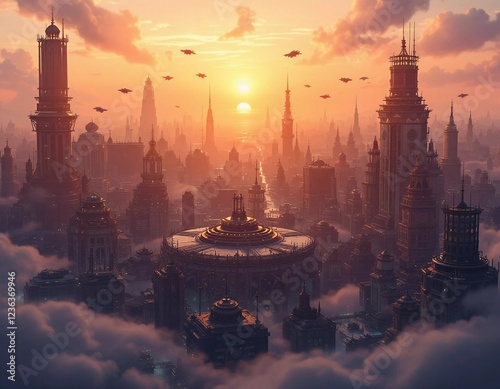 Sunset Over Aethereal City: A Cyberpunk Metropolis Amongst the Clouds photo