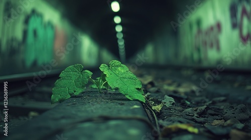 Green sprout on railway tracks in dark tunnel with graffiti