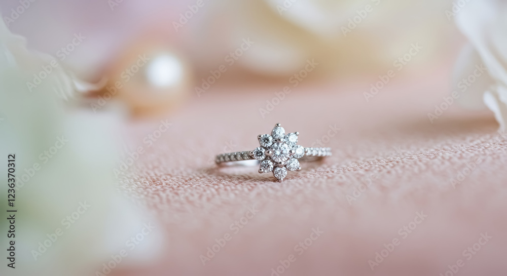 Obraz premium A delicate silver engagement ring with a floral diamond cluster setting resting on a soft, textured fabric