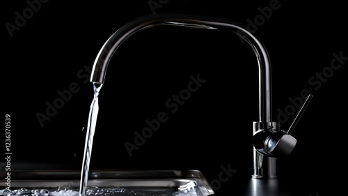 Water flows from the tap on a black background. Water problems, global warming, drought, water shortage in the world, health problems, poverty and misery in countries. Climate change: from friendship 