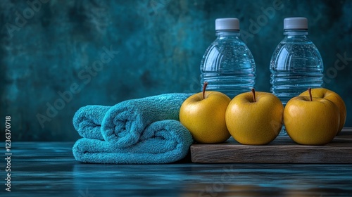 Gym essentials water bottles, apples, and towel on dark teal background photo