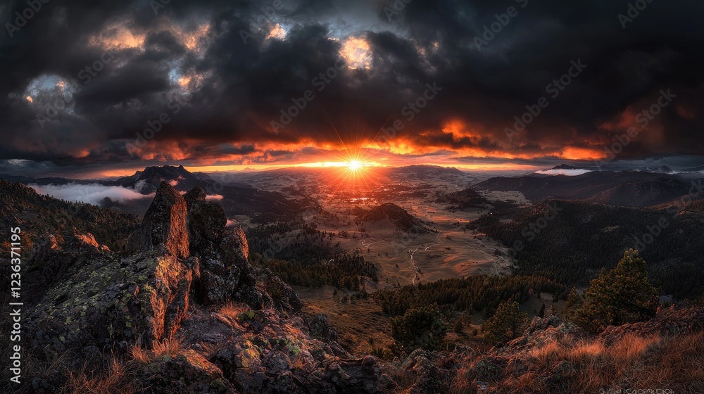 Fototapeta premium Fiery sunset over mountain valley, dramatic cloudscape