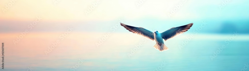 Fototapeta premium Majestic Bird Soaring Gracefully Over Tranquil Water Surface Under Clear Sky Evoking Sense of Freedom and Natural Beauty in Serene Environment
