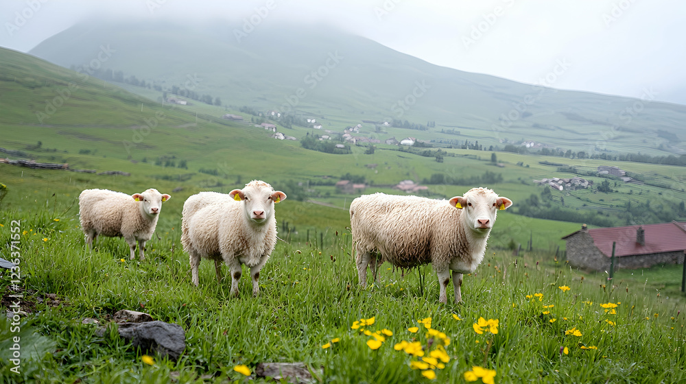 Sheep grazing hillside village background pastoral scene Sheep grazing hillside village background pastoral scene