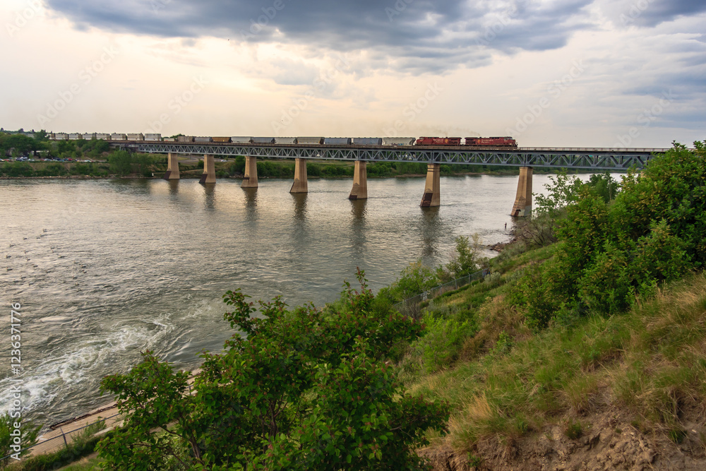 Fototapeta premium A train is crossing a bridge over a river
