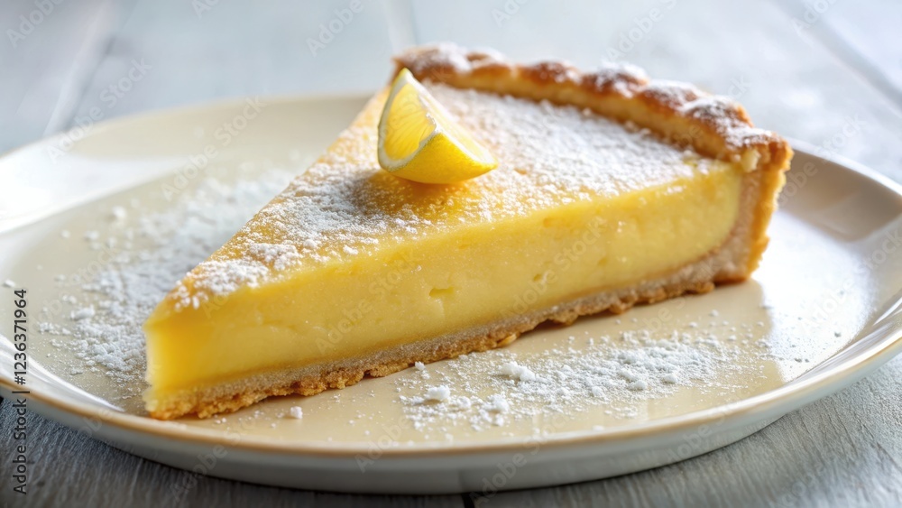 A delicate slice of lemon tart with a golden crust and a sprinkle of powdered sugar on top, sitting alone on a white plate, dessert, isolated food A delicate slice of lemon tart with a golden crust and a sprinkle of powdered sugar on top, sitting alone on a white plate, dessert, isolated food