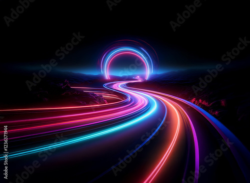 A vibrant, glowing road curves through a dark, surreal landscape towards a neon ring.  The vibrant colors suggest speed and energy.