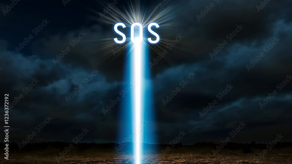 Powerful sos signal light beam emitted from earth to space