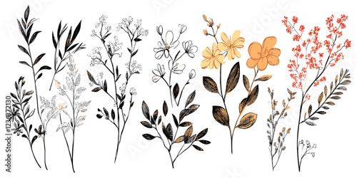 Set of intricate hand-drawn flowers, leaves, and branches, perfect for designers looking for natural elements to enhance their artistic projects and digital designs.